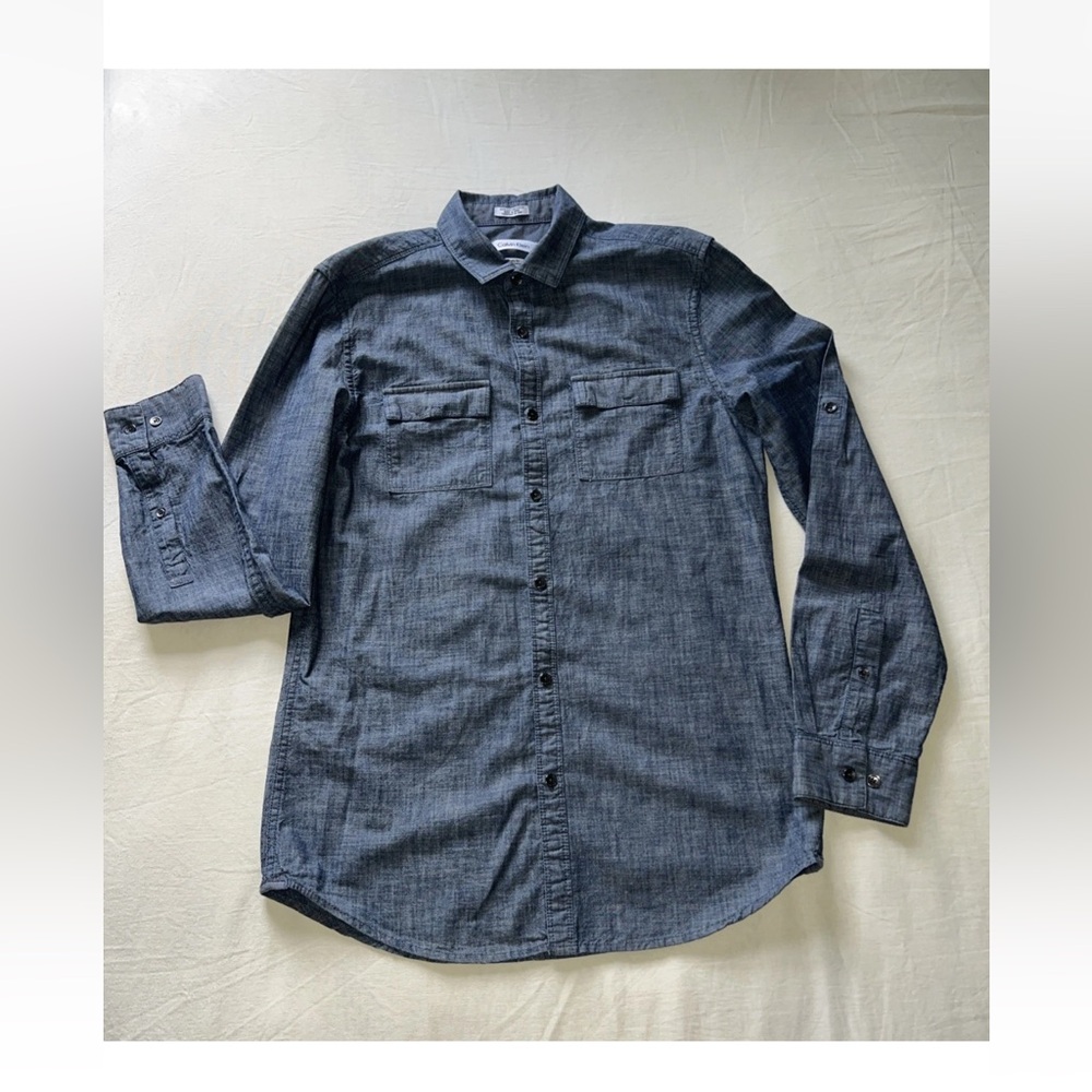 Calvin Klein Shirt Mens Small Blue Slim Long Sleeve Cotton Button